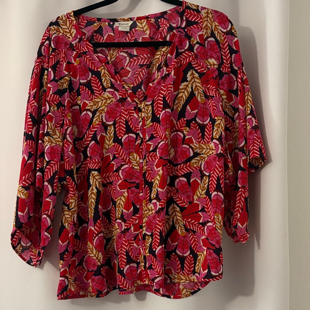Ariat Red Pink Floral Button-Front Blouse with Gold Leaf Accents